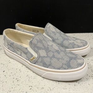 KEDS Jump Kick Slip On Leo Chambray Sneakers Blue White Leopard Clouds Sz 6.5